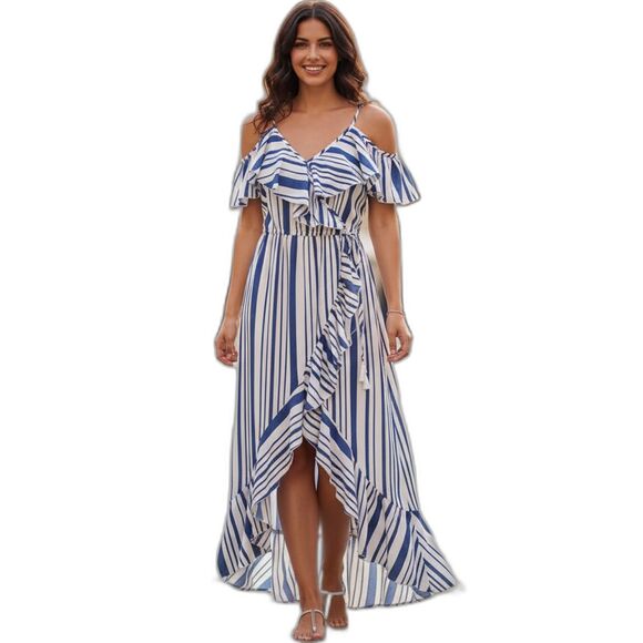 Blue White Off The Shoulders Ruffles Striped Maxi Sun Dress Size XL Womens - Picture 1 of 15